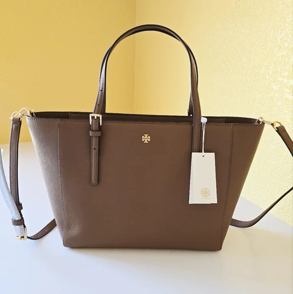 Tory Burch Emerson Top Zip Tote Moose Brown Saffiano Leather Crossbody Bag - Picture 2 of 16